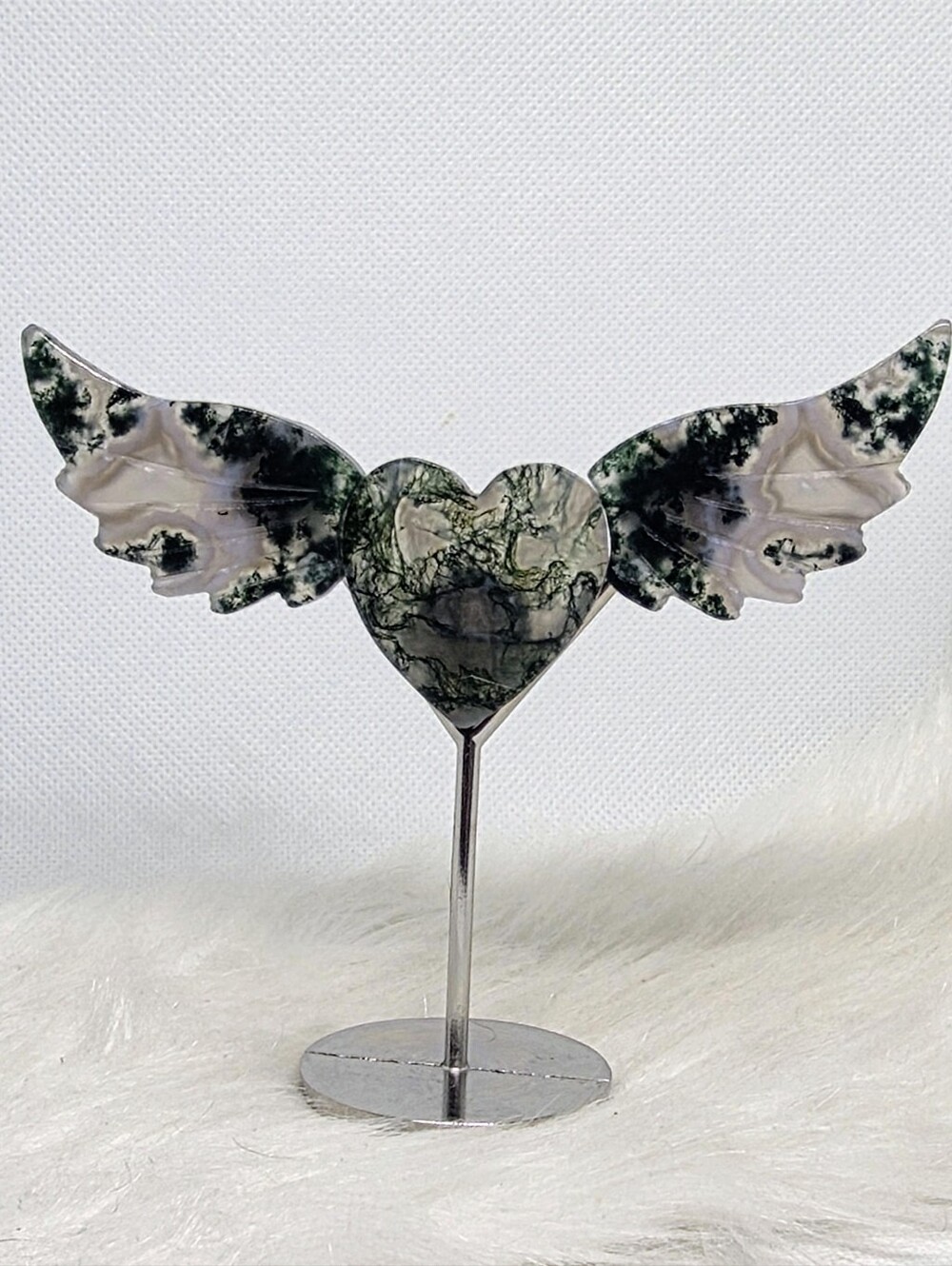 Moss Agate Winged Heart Crystal Display Stand | Angel Wings Decor